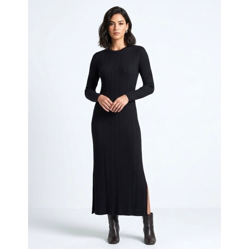 VTG BETTINA RIEDEL Black SLINKY TRAVEL KNIT Side Slit Bust SHEATH MAXI DRESS M
